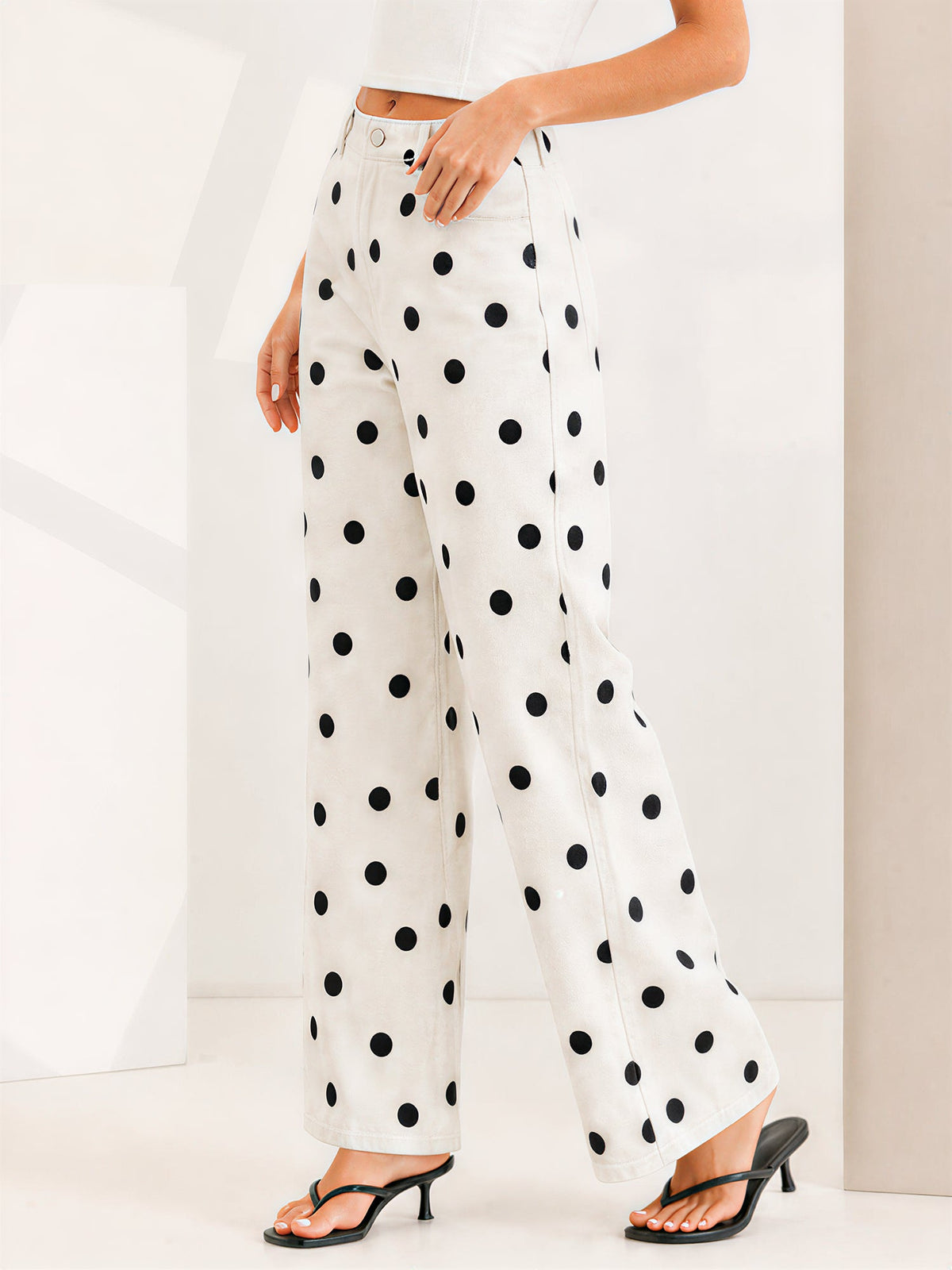Polka Dot Mid-Rise Wide Legs Denim Pants Jeans