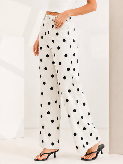 Polka Dot Mid-Rise Wide Legs Denim Pants Jeans