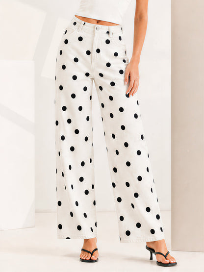 Polka Dot Mid-Rise Wide Legs Denim Pants Jeans
