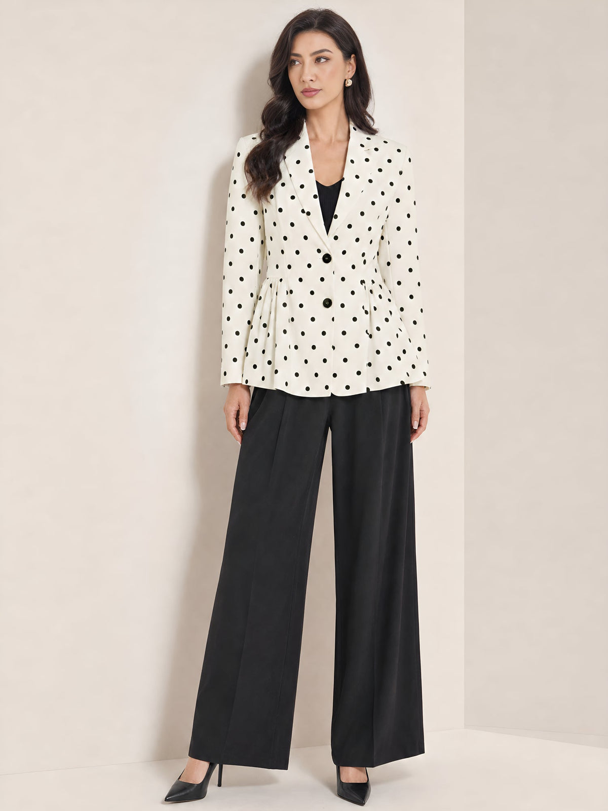 Polka Dots Ruffled Lapel Long Sleeves Blazer