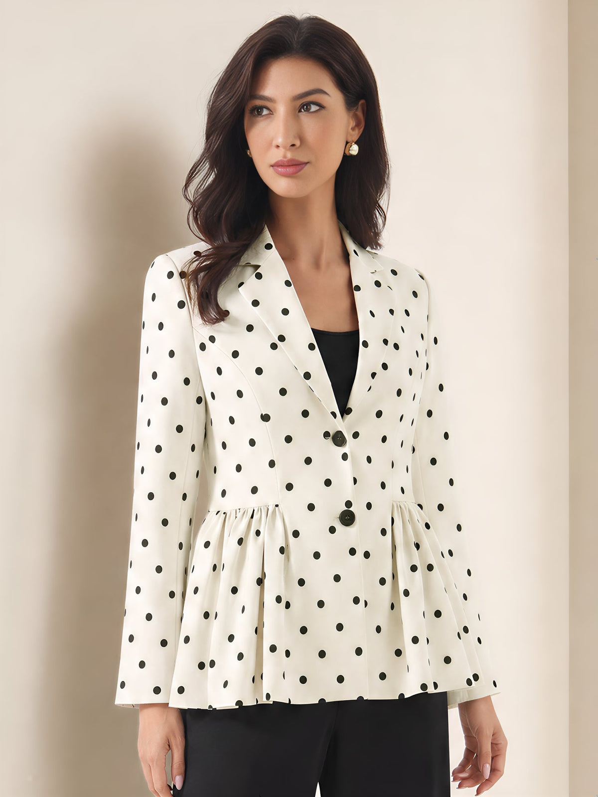 Polka Dots Ruffled Lapel Long Sleeves Blazer