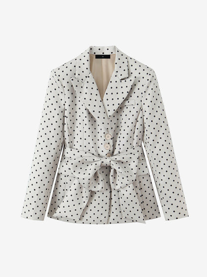 Polka Dots Bow Belt Long Sleeves Casual Blazer