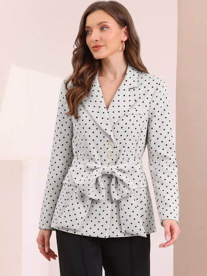 Polka Dots Bow Belt Long Sleeves Casual Blazer