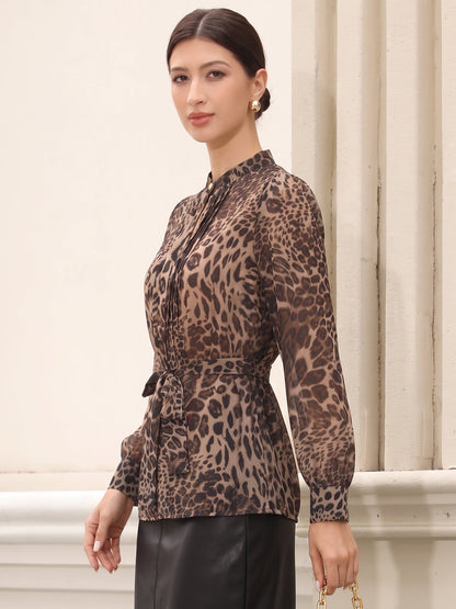 Sheer Leopard Chiffon Long Sleeves Belted Blouse