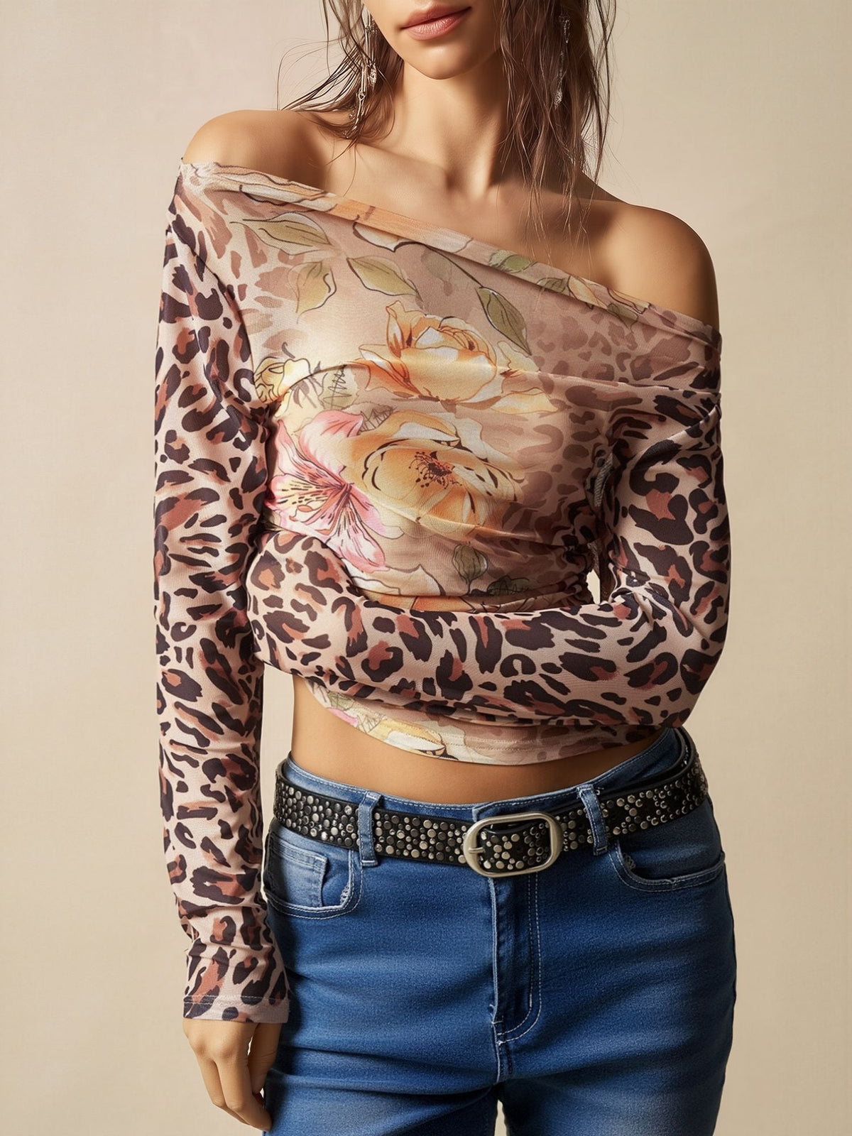 Off-the-shoulder Floral Leopard Cropped Top