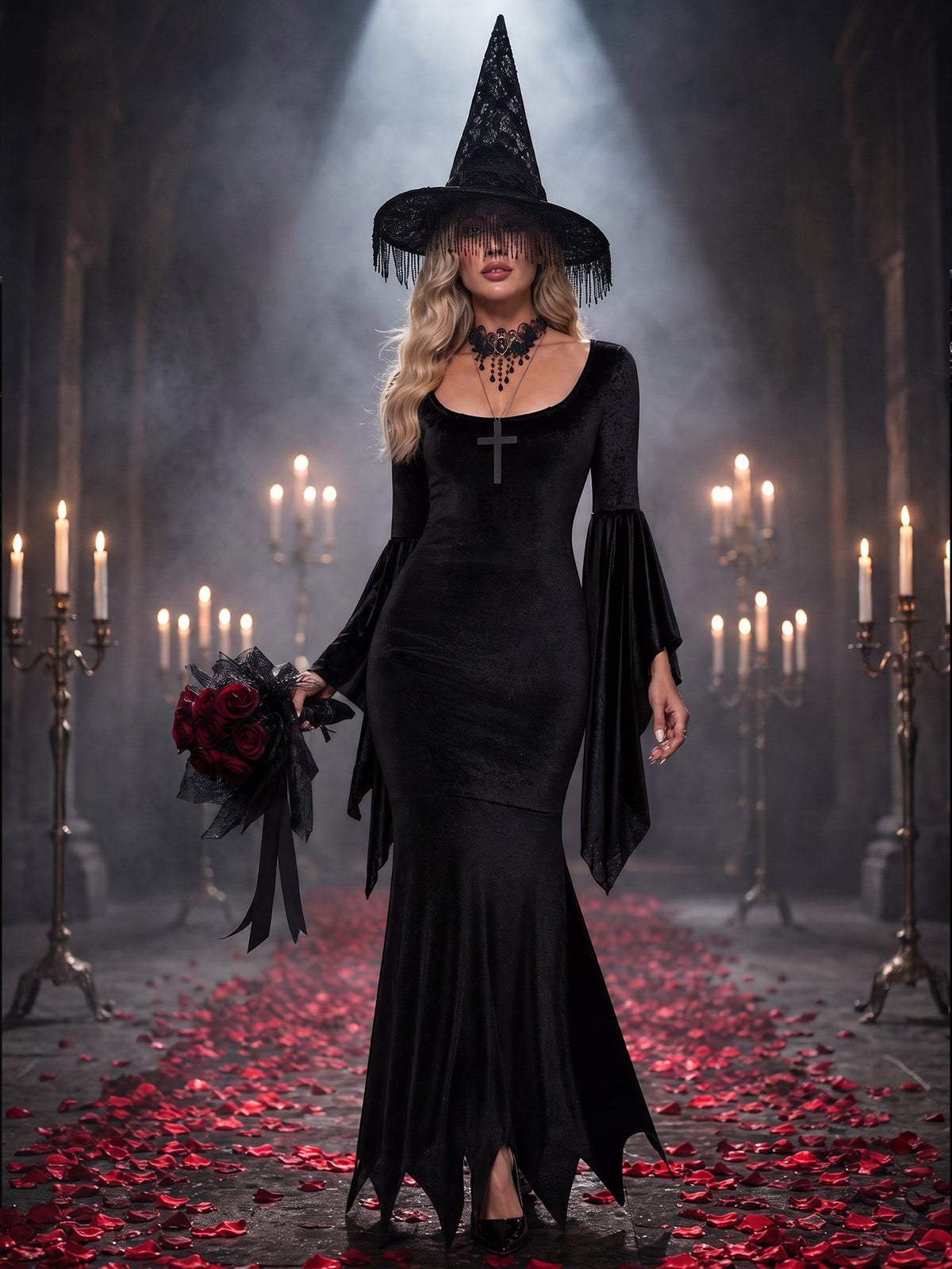 Halloween Gothic Witch Vampire Costume Velvet Maxi Dress