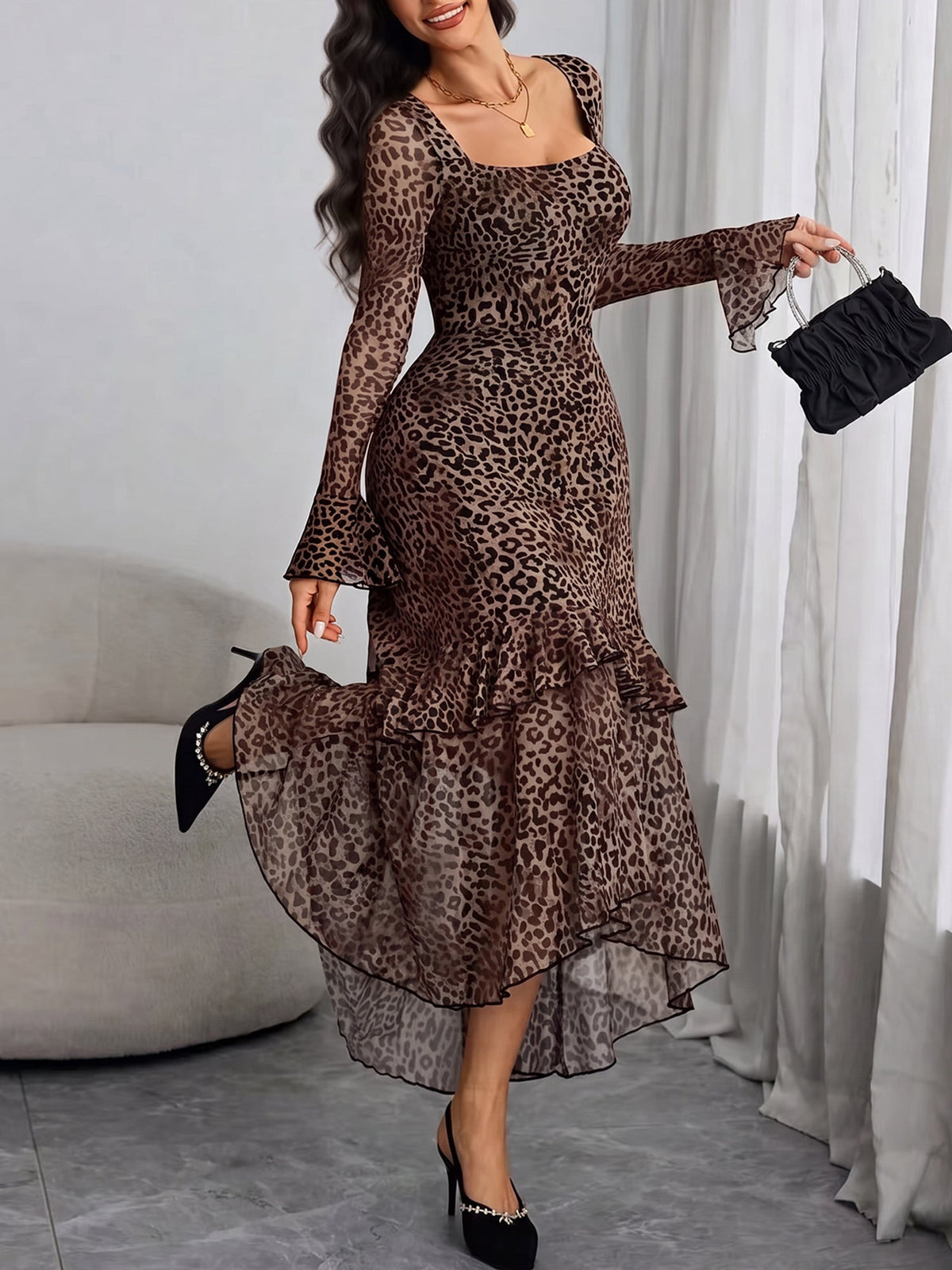 Leopard Floral Ruffled Long Sleeves Slit Midi Dress