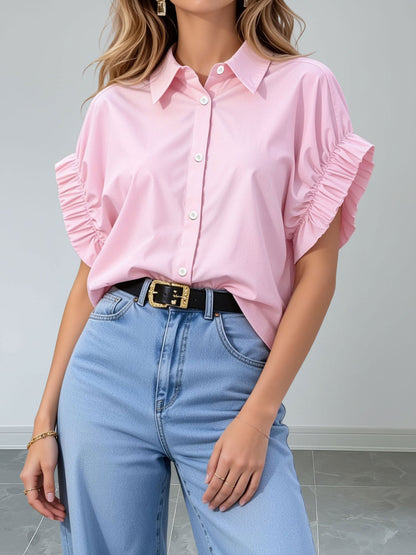 Loose-Fitting Gathered Short Sleeves Turn-Down Collar Blouse