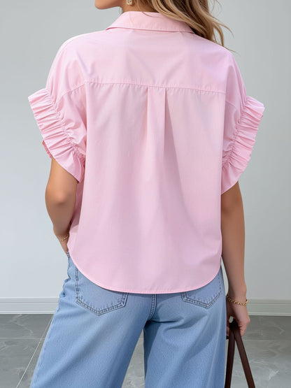 Loose-Fitting Gathered Short Sleeves Turn-Down Collar Blouse