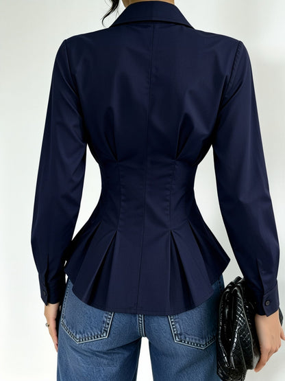 Collared Long Sleeves Cinched Waist Pleated Blouse