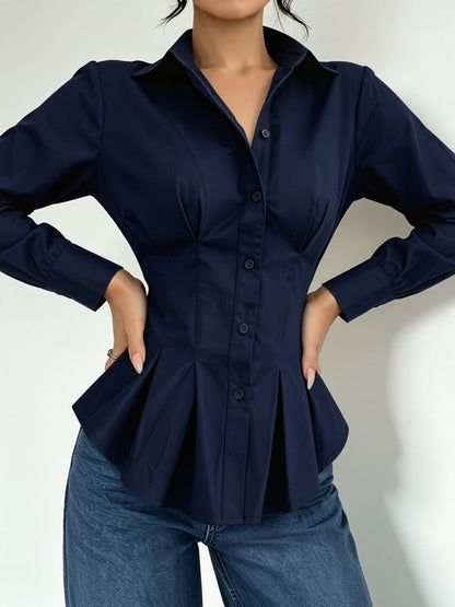 Collared Long Sleeves Cinched Waist Pleated Blouse