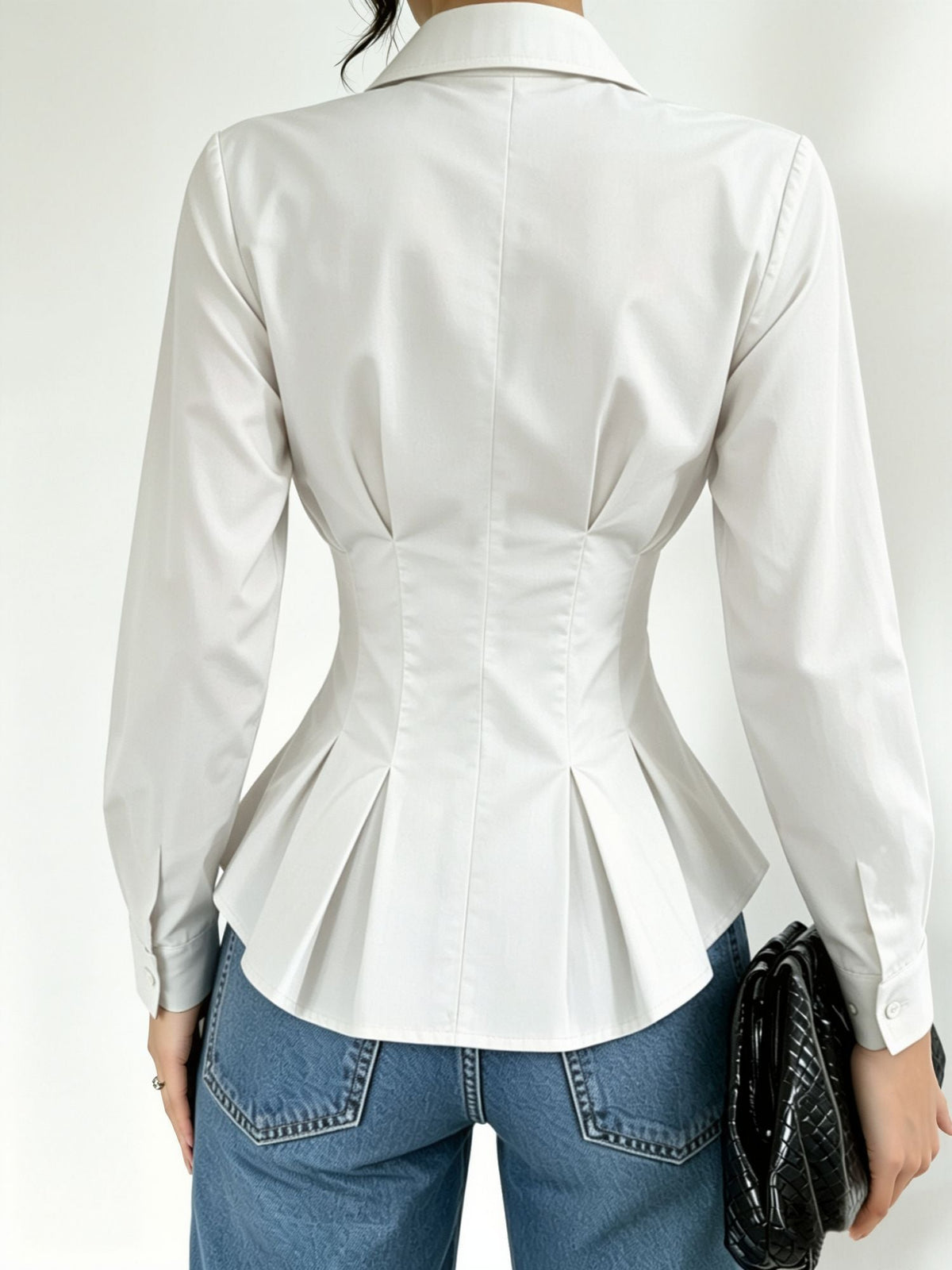 Collared Long Sleeves Cinched Waist Pleated Blouse