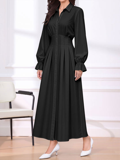 Long Sleeve Pleated Waist-Cinching Shirt Dress