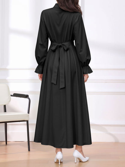 Long Sleeve Pleated Waist-Cinching Shirt Dress