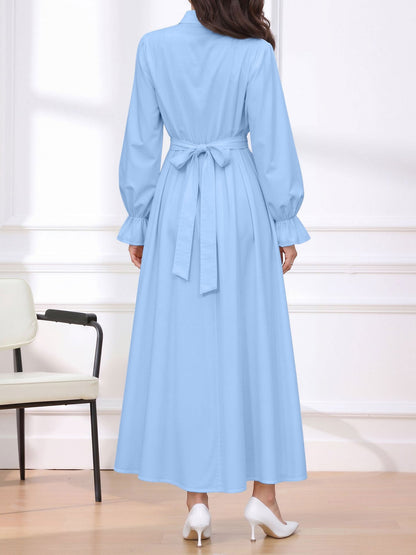 Long Sleeve Pleated Waist-Cinching Shirt Dress