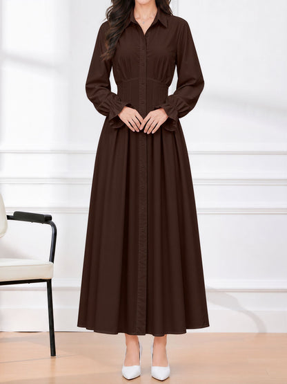 Long Sleeve Pleated Waist-Cinching Shirt Dress