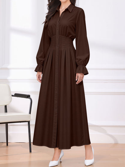 Long Sleeve Pleated Waist-Cinching Shirt Dress
