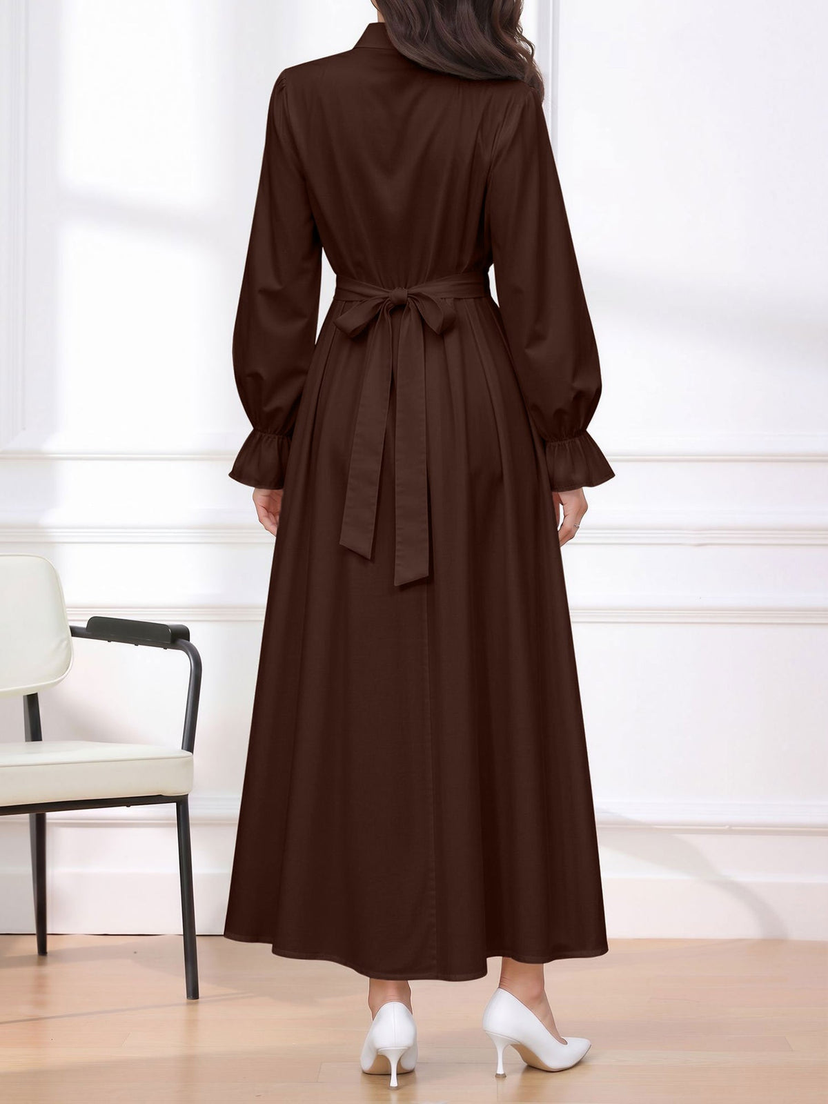 Long Sleeve Pleated Waist-Cinching Shirt Dress