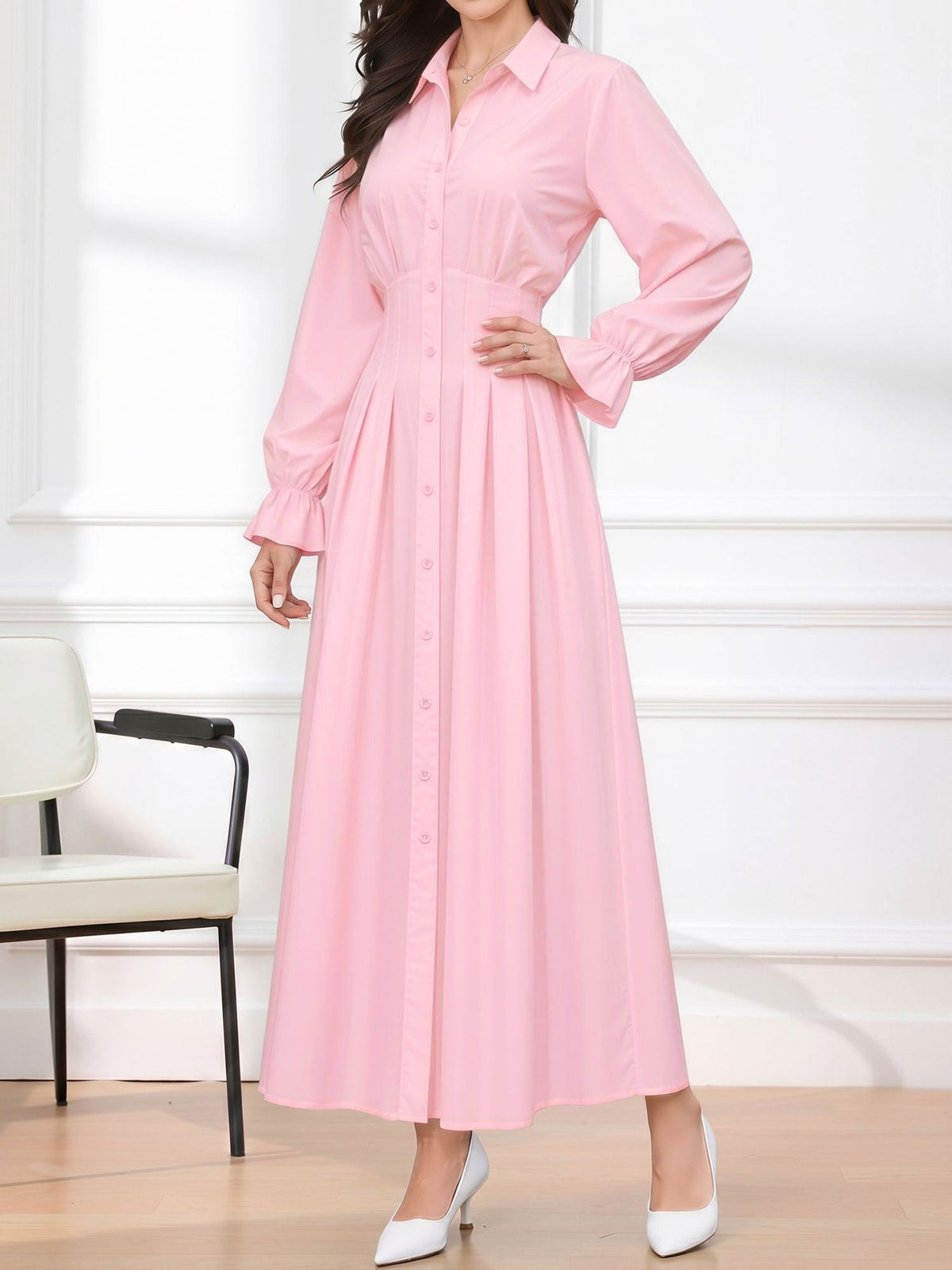Long Sleeve Pleated Waist-Cinching Shirt Dress