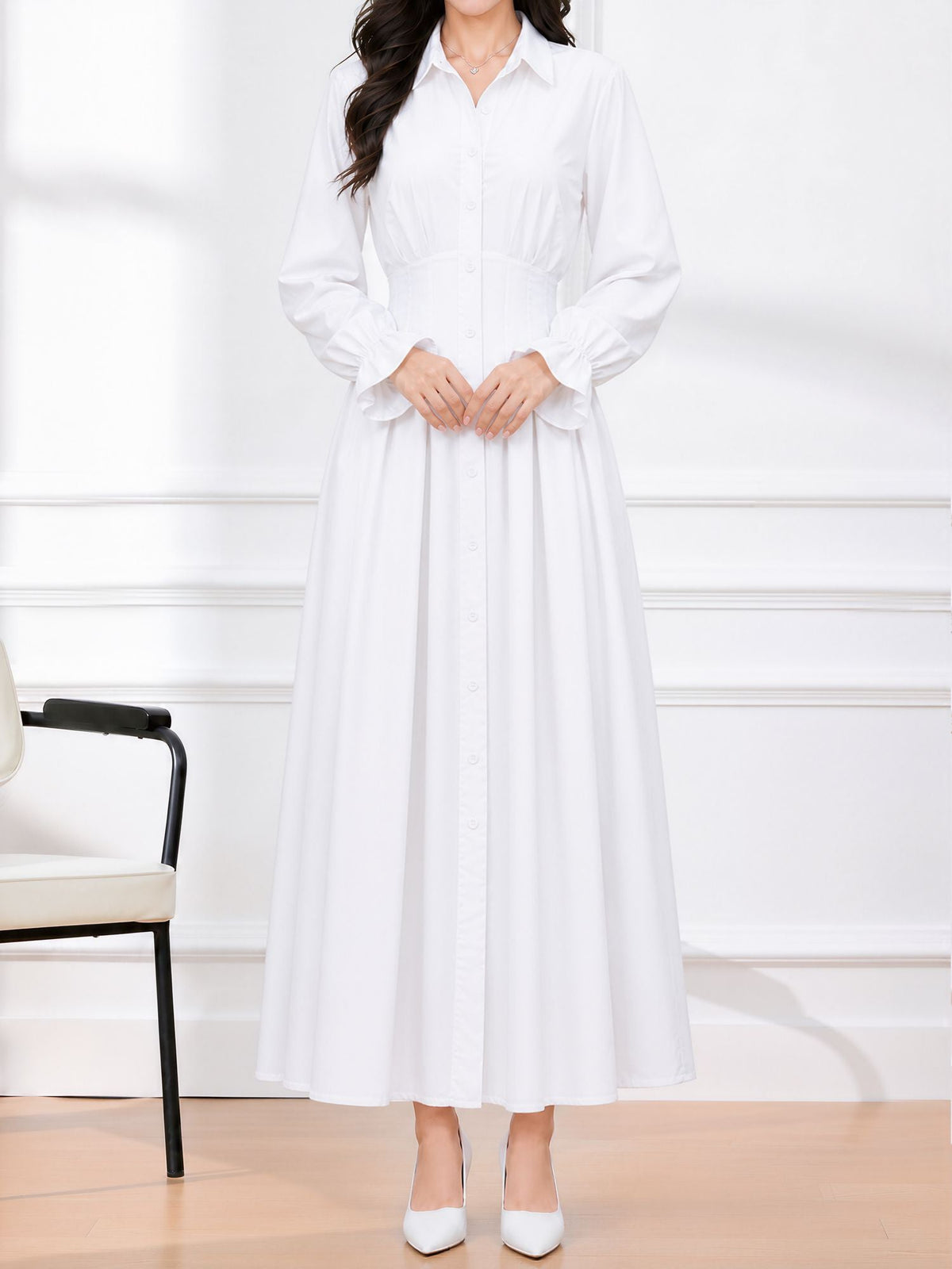 Long Sleeve Pleated Waist-Cinching Shirt Dress