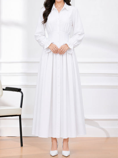 Long Sleeve Pleated Waist-Cinching Shirt Dress