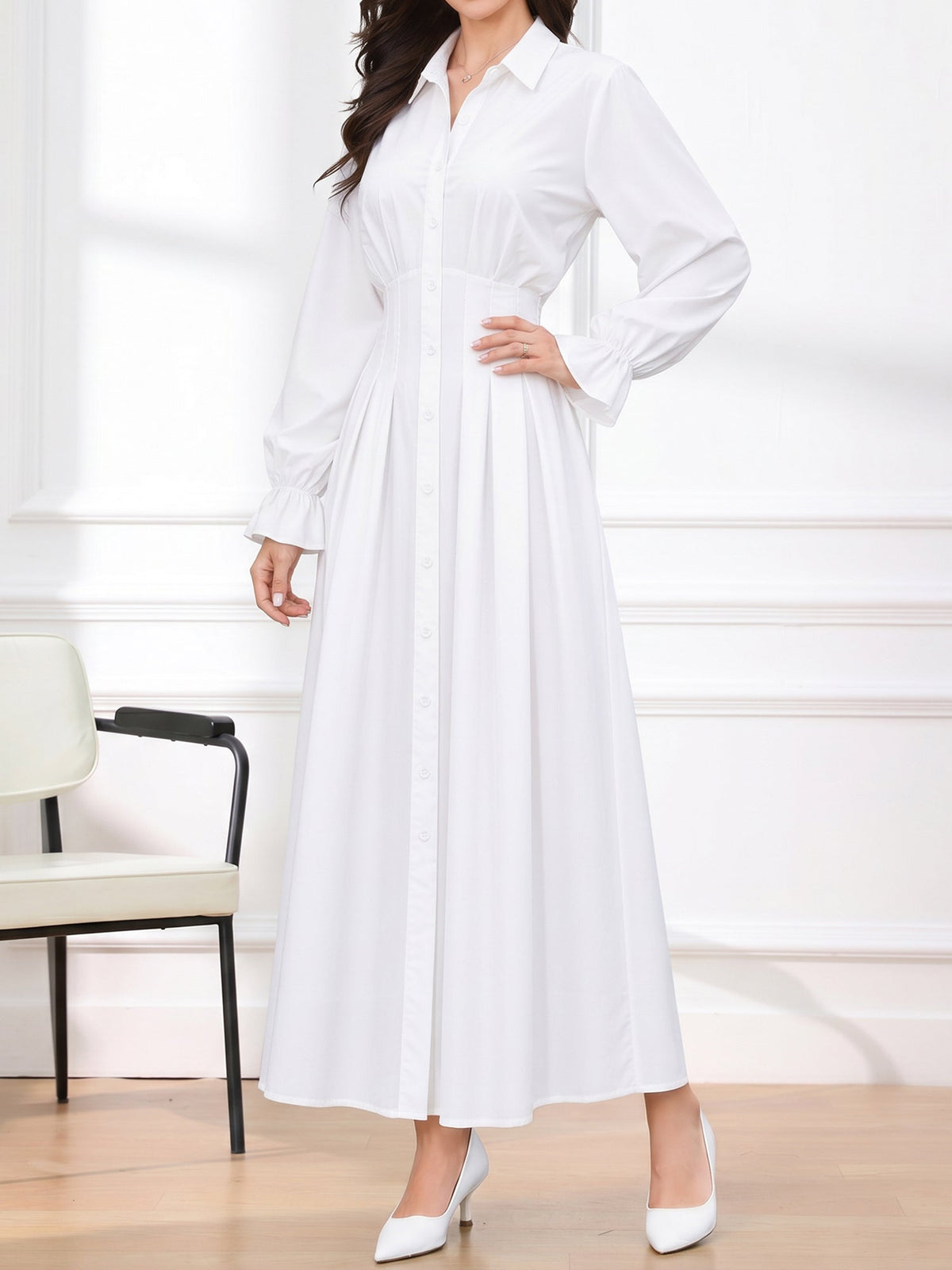 Long Sleeve Pleated Waist-Cinching Shirt Dress