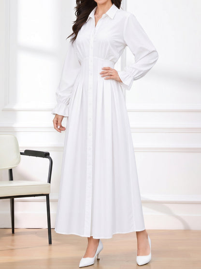 Long Sleeve Pleated Waist-Cinching Shirt Dress