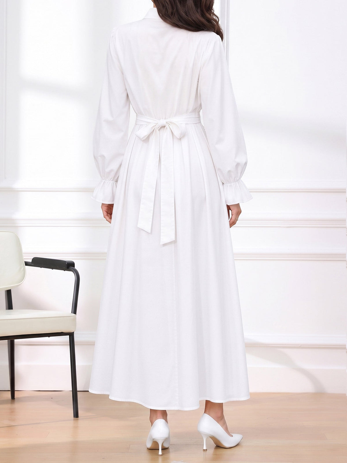 Long Sleeve Pleated Waist-Cinching Shirt Dress