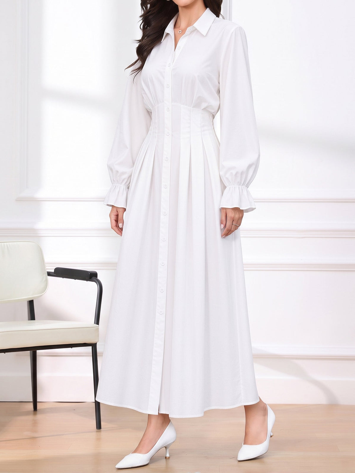 Long Sleeve Pleated Waist-Cinching Shirt Dress