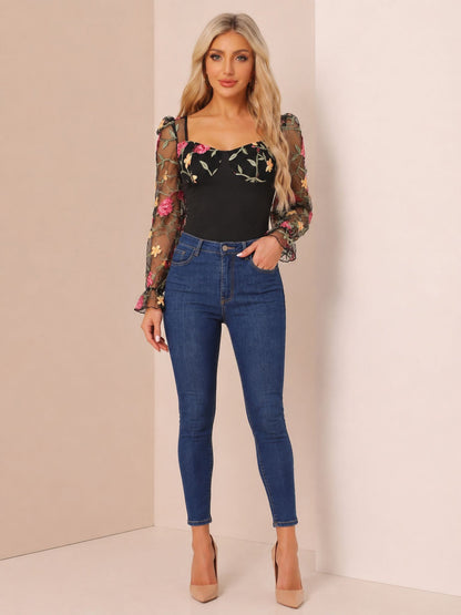 Floral Embroidered Mesh Sheer Puff Sleeves Bodysuit