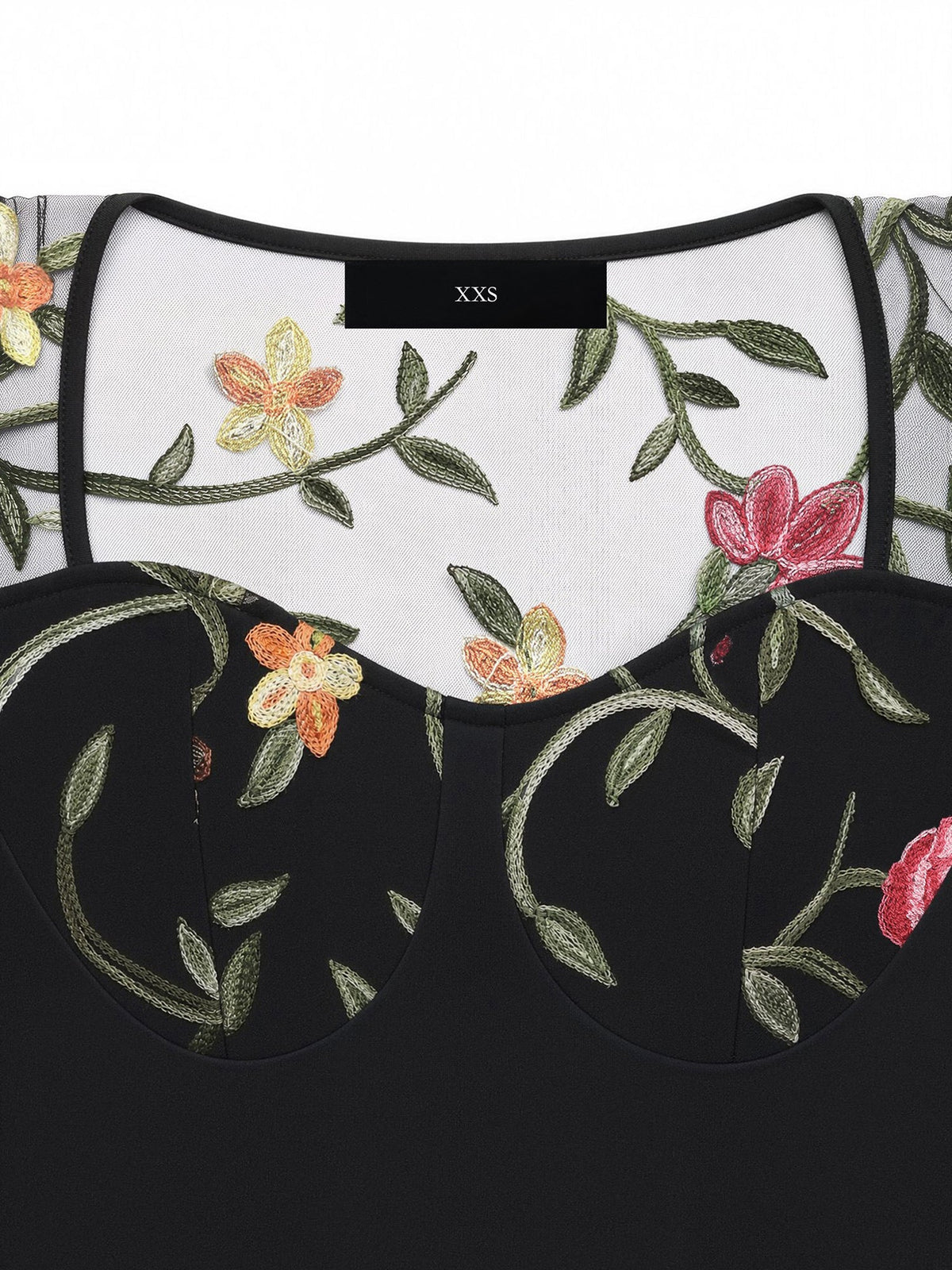 Floral Embroidered Mesh Sheer Puff Sleeves Bodysuit