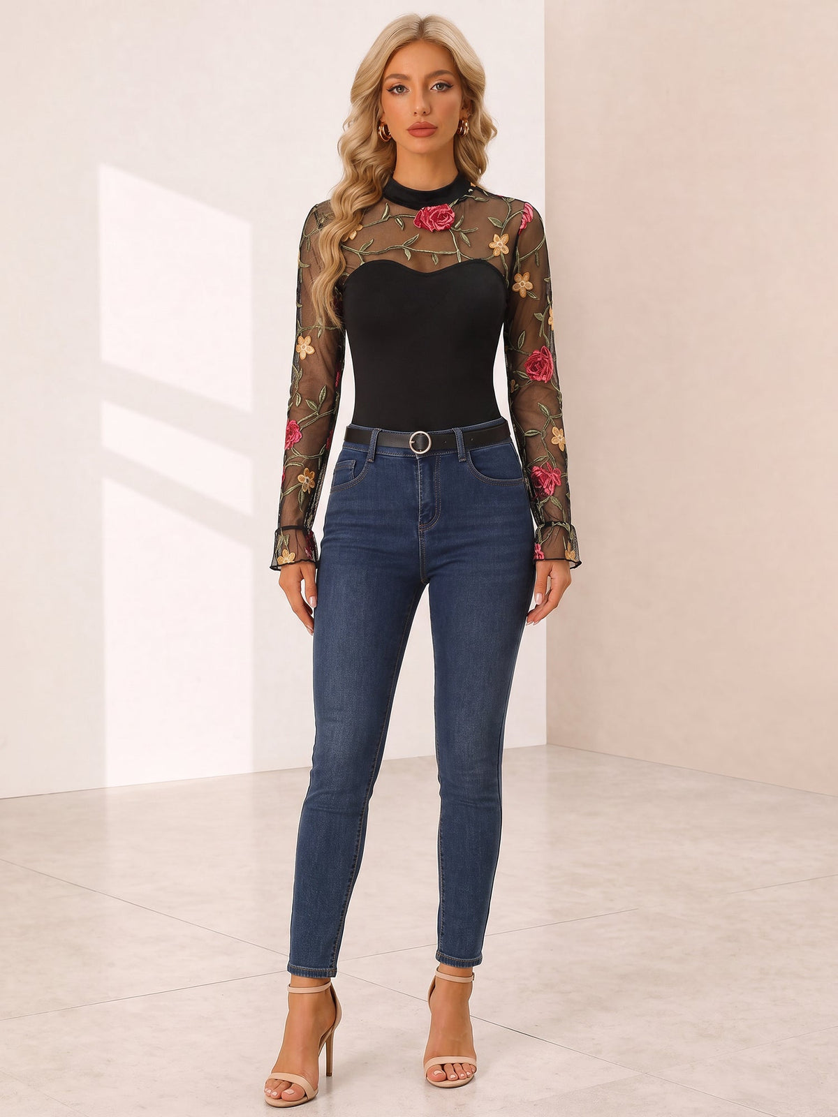 Floral Embroidered Mesh Long Sleeves Sheer Bodysuit