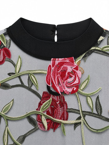 Floral Embroidered Mesh Long Sleeves Sheer Bodysuit