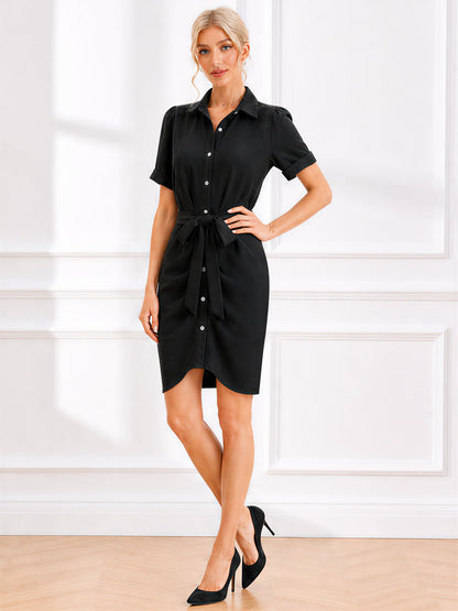 Short Sleeve Waist-Cinching Asymmetrical Shirt Dress