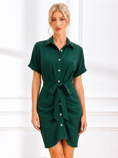 Short Sleeve Waist-Cinching Asymmetrical Shirt Dress