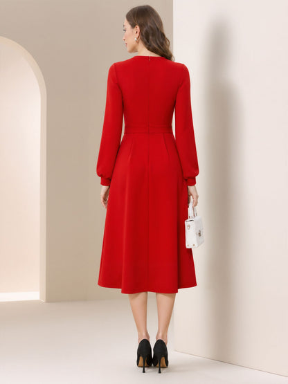 Flower Decor Lantern Sleeves A-Line Midi Dress