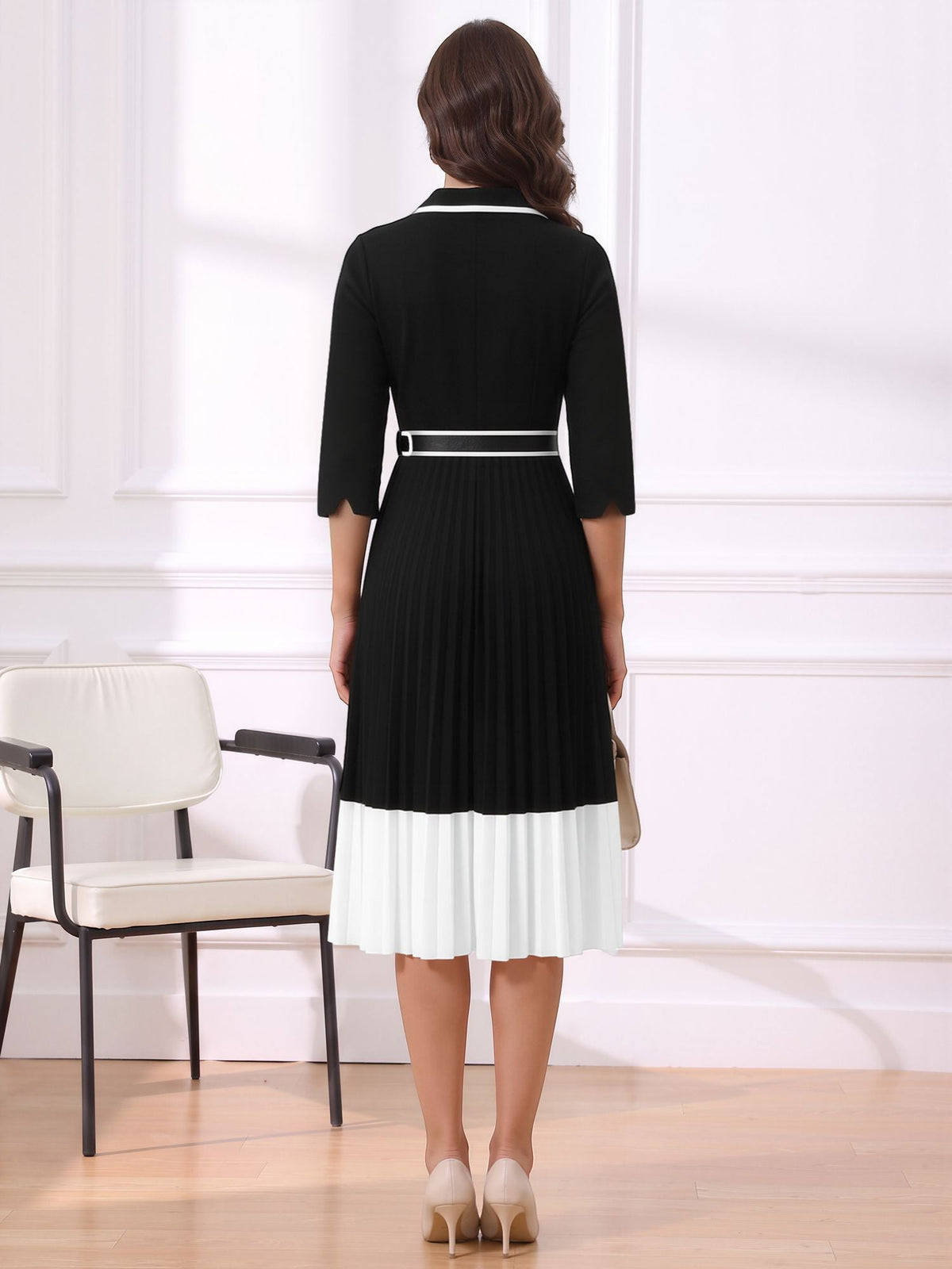 Notched Lapel Pleated Colorblock Belted Midi Dress