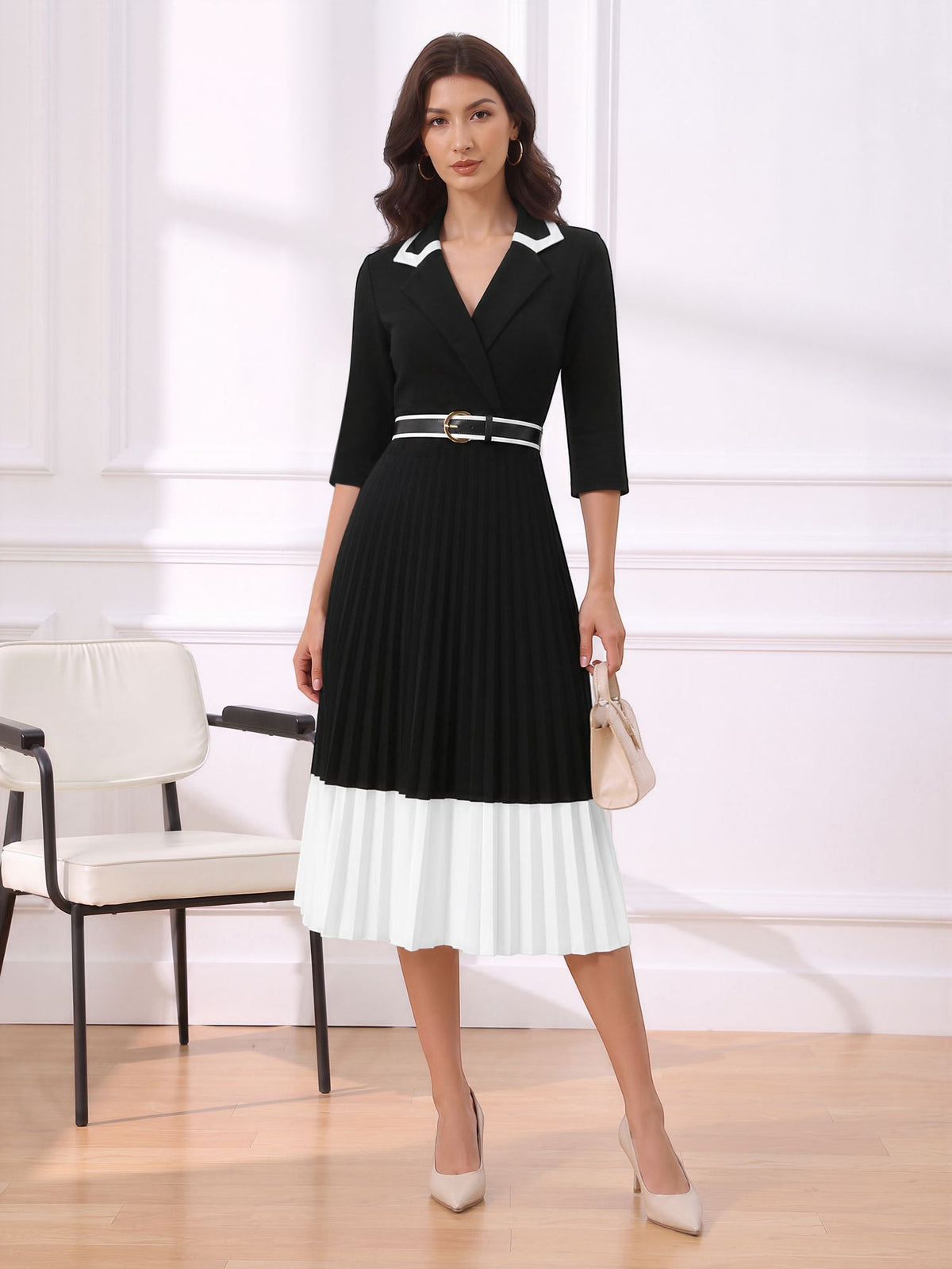 Notched Lapel Pleated Colorblock Belted Midi Dress