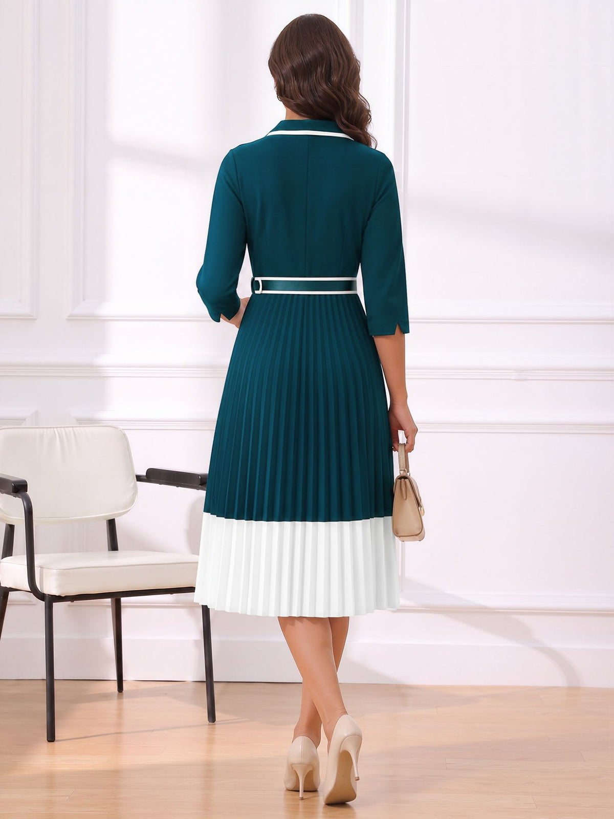 Notched Lapel Pleated Colorblock Belted Midi Dress