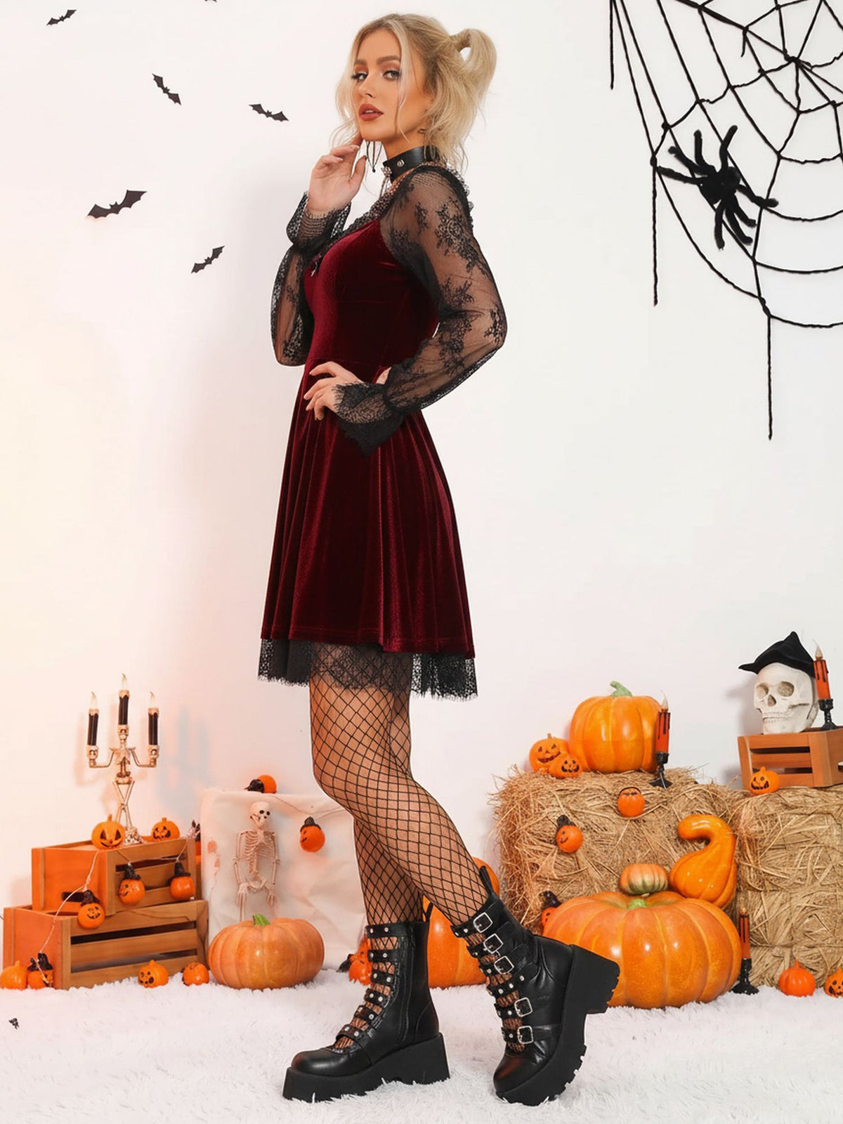 Halloween Lace Velvet Patchwork A-Line Mini Dress