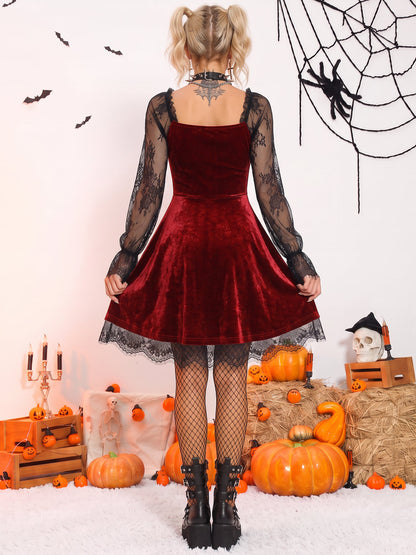 Halloween Lace Velvet Patchwork A-Line Mini Dress