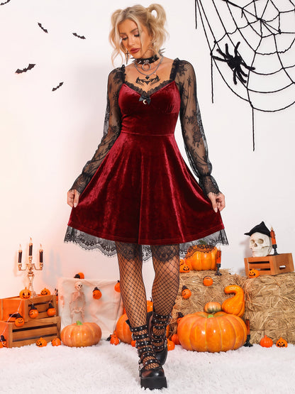 Halloween Lace Velvet Patchwork A-Line Mini Dress