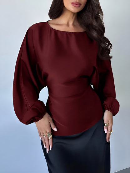 Satin Round Neck Batwing Long Sleeve Lace-Up Blouse