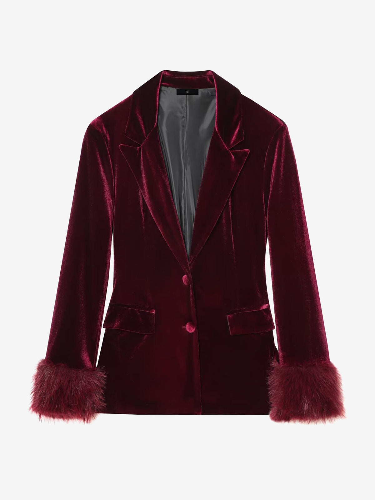 Velvet Notched Lapel Long Sleeves Faux Fur Cuff Blazer