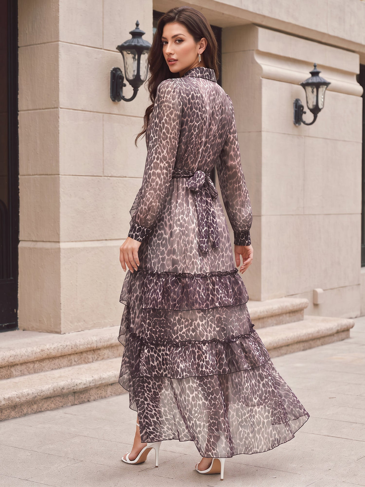 Sheer Leopard Long Sleeve Tiered Ruffled Dress