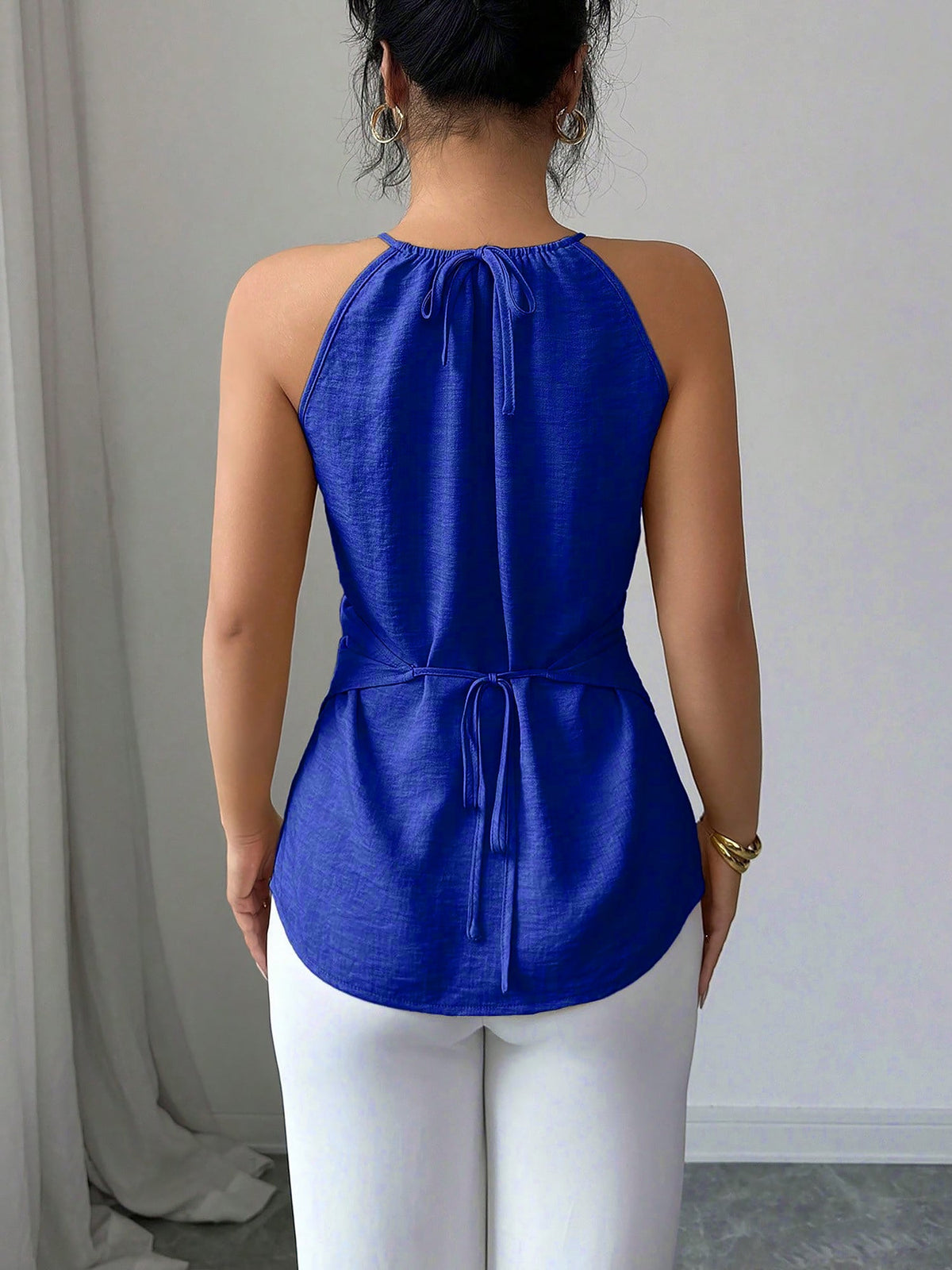 Criss Cross Lace-Up Sleeveless Solid Color Blouse
