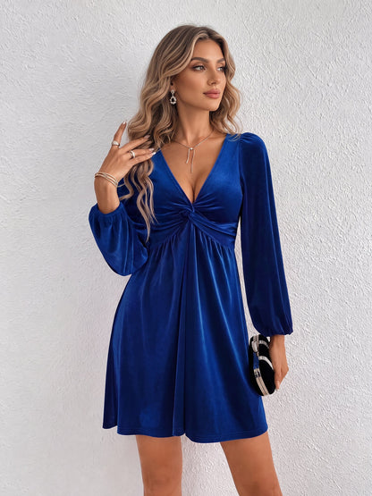 Velvet Puff Sleeves Ruched A-Line Mini Dress