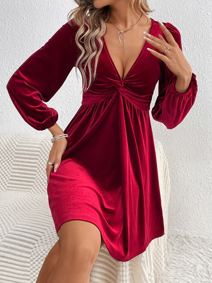 Velvet Puff Sleeves Ruched A-Line Mini Dress