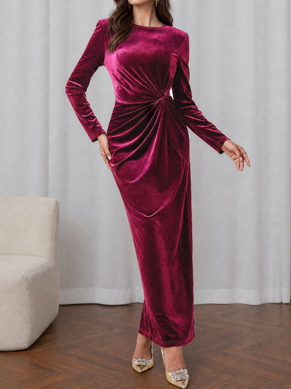 Velvet Long Sleeves Ruched Slit Bodycon Dress