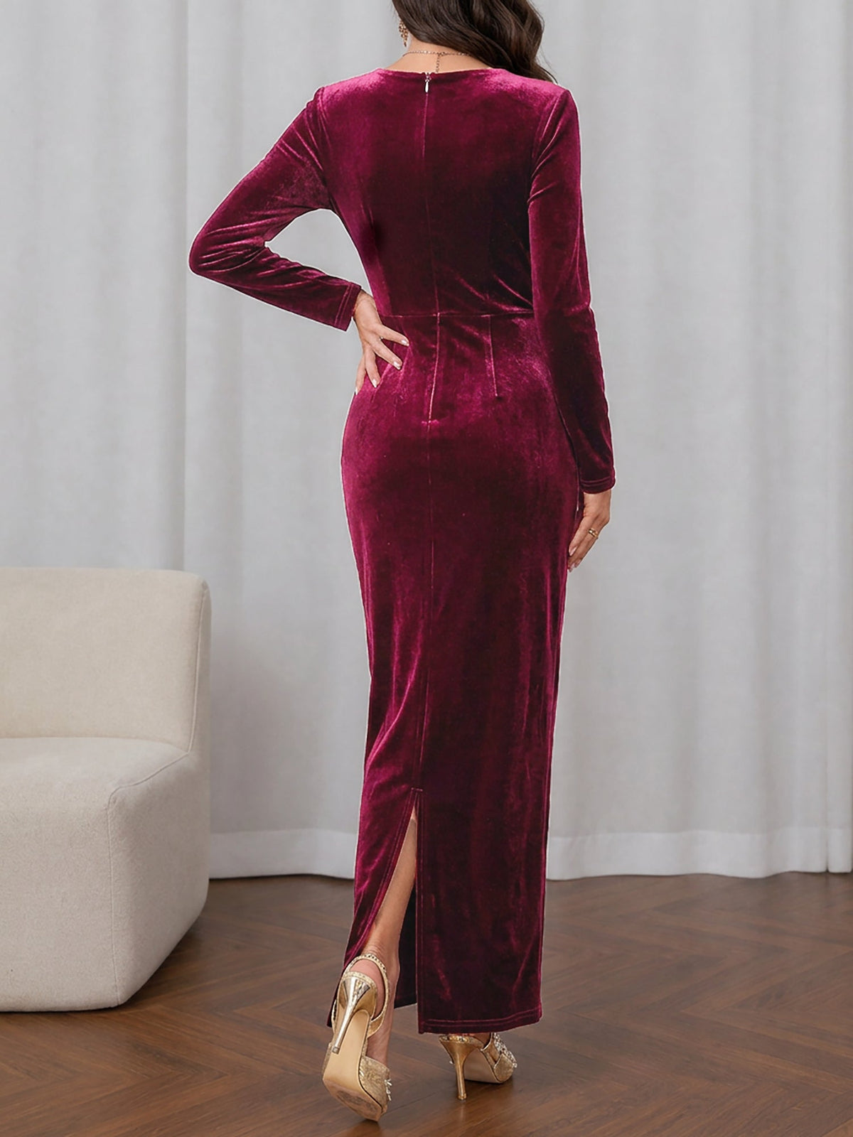 Velvet Long Sleeves Ruched Slit Bodycon Dress